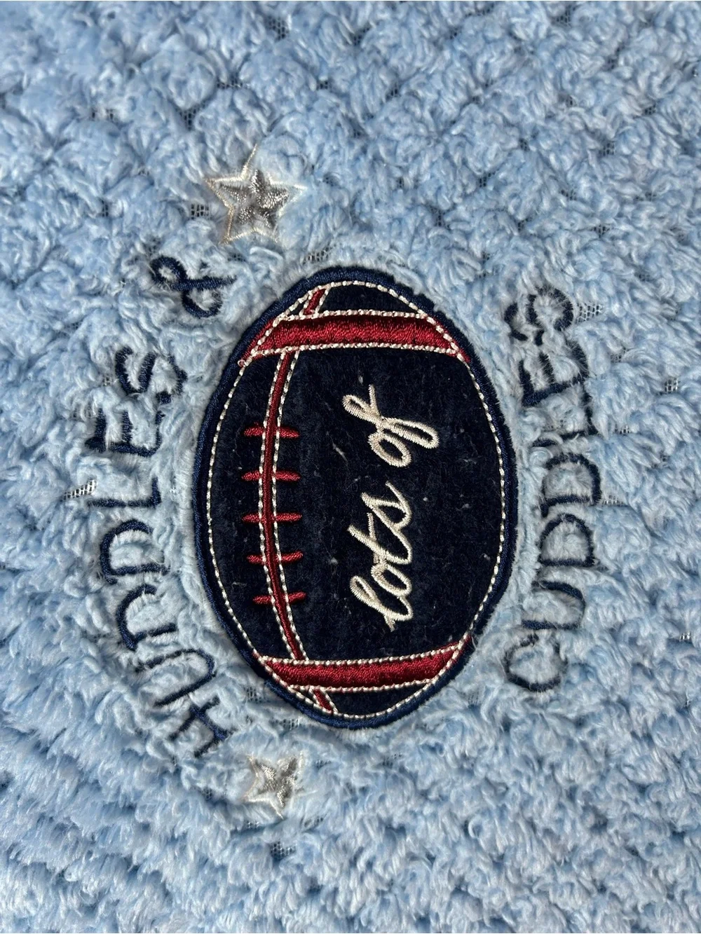 Huddles & Lots of Cuddles Football Baby Blanket Blue Textured Red Stars RN 36753